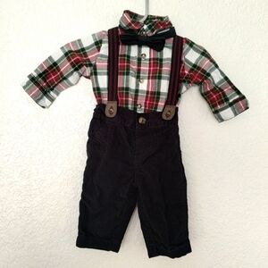 Carter's Plaid Shirt Corduroy Black Pants and Bow Tie Set With Suspenders 3 Mos